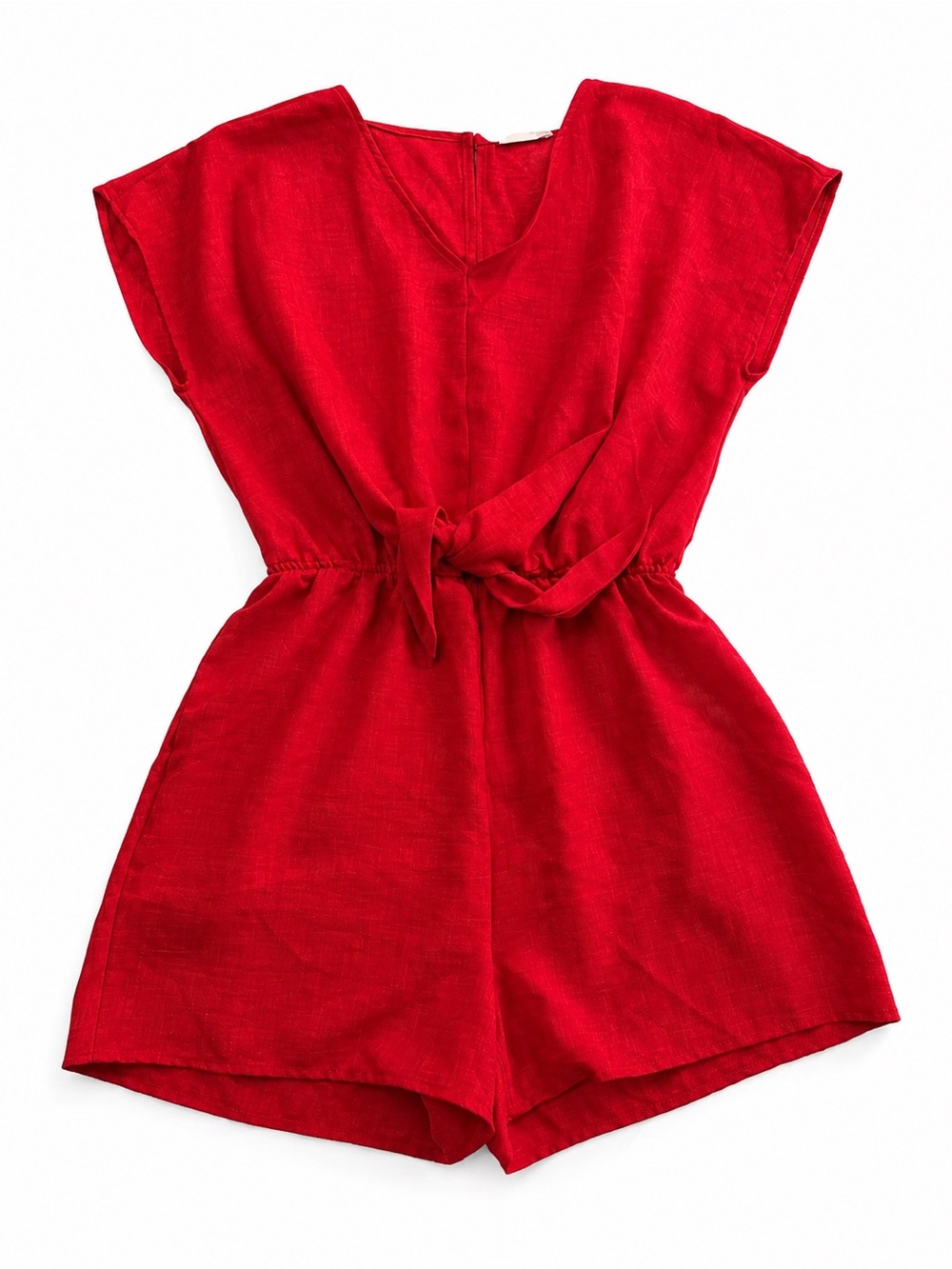 Red Linen Blend Tie Waist Romper Size 1X | Short Sleeve